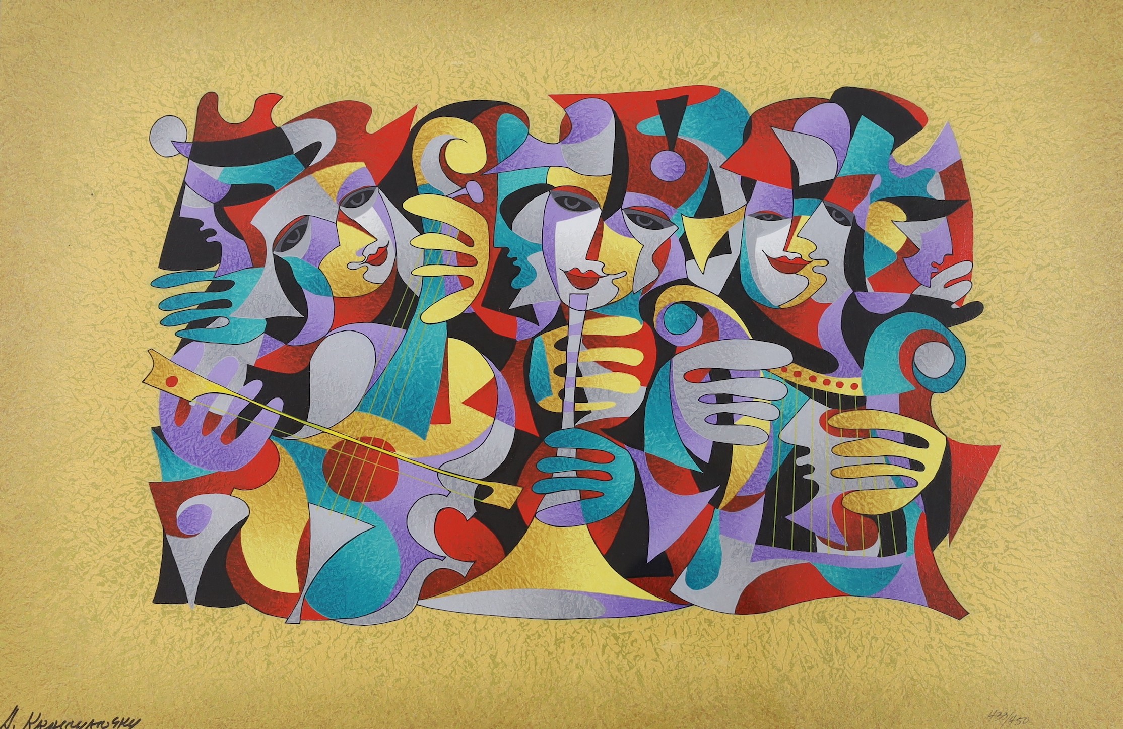 Anatole Krasnyansky (Ukrainian, b.1930), three serigraphs, 'Trio I', 'Play that horn II' and 'Twin Dancers', Park West COA's verso, 42 x 63cm, 58 x 48cm and 60 x 44cm
